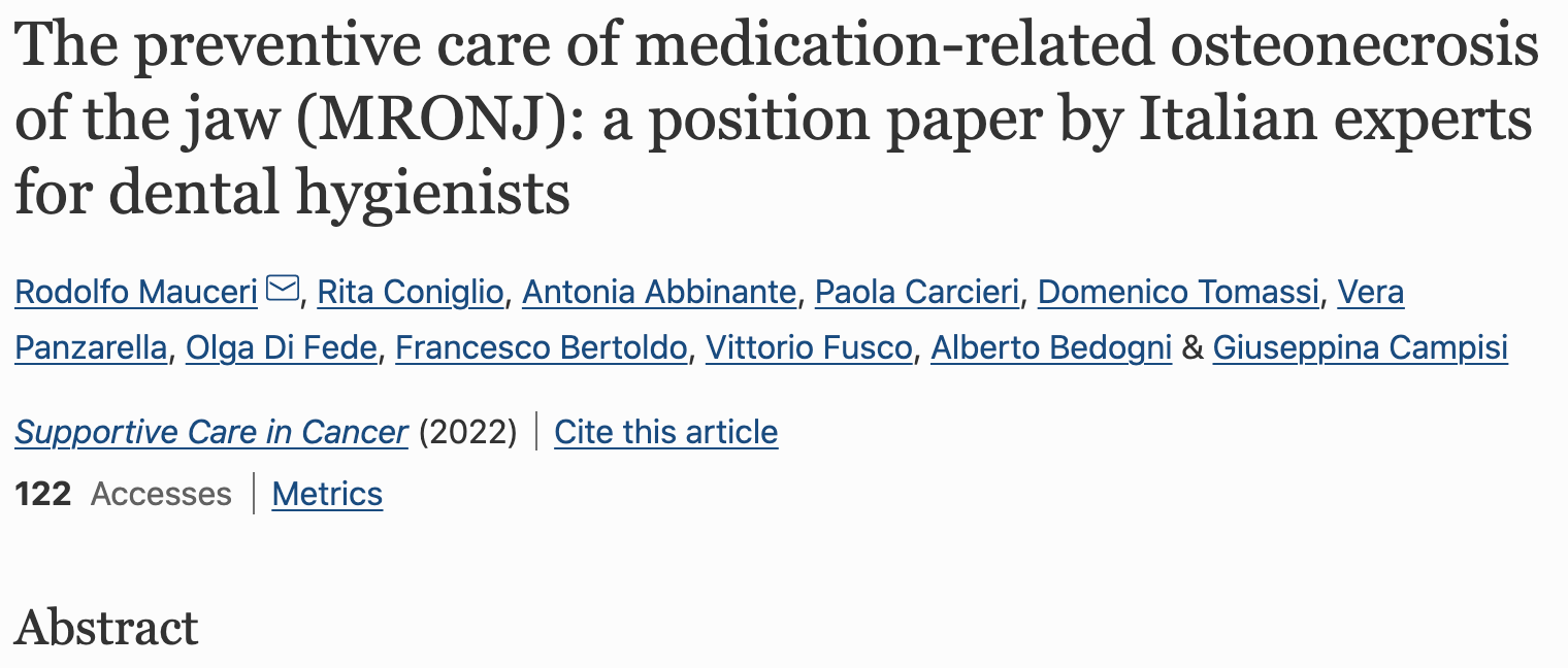 The preventive care of medication-related osteonecrosis of the jaw (MRONJ): a position paper by Italian experts for dental hygienists
